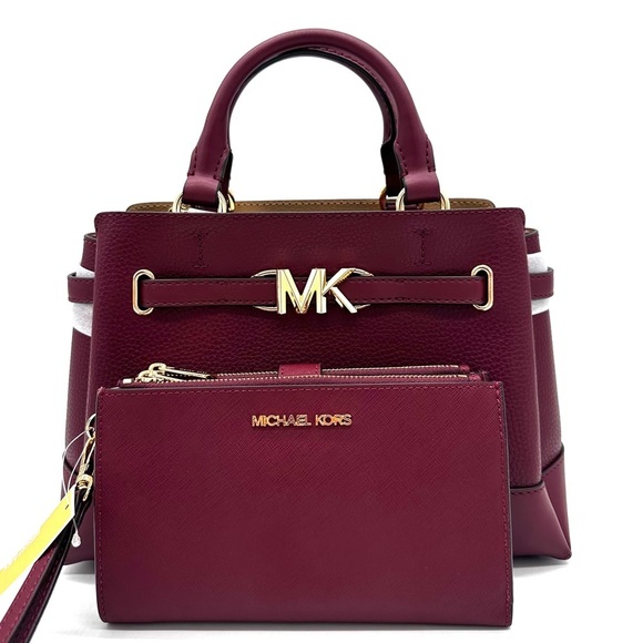 Michael Kors Reed Small Satchel Crossbody Bag & LG Double Zip Wallet Dark Cherry - Picture 2 of 16